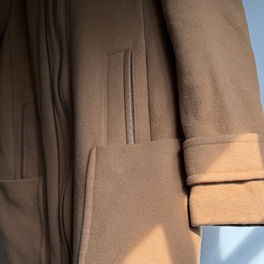 Trina Turk Tan Wool Coat with Coyote Fur Hood - Picture 4 of 16